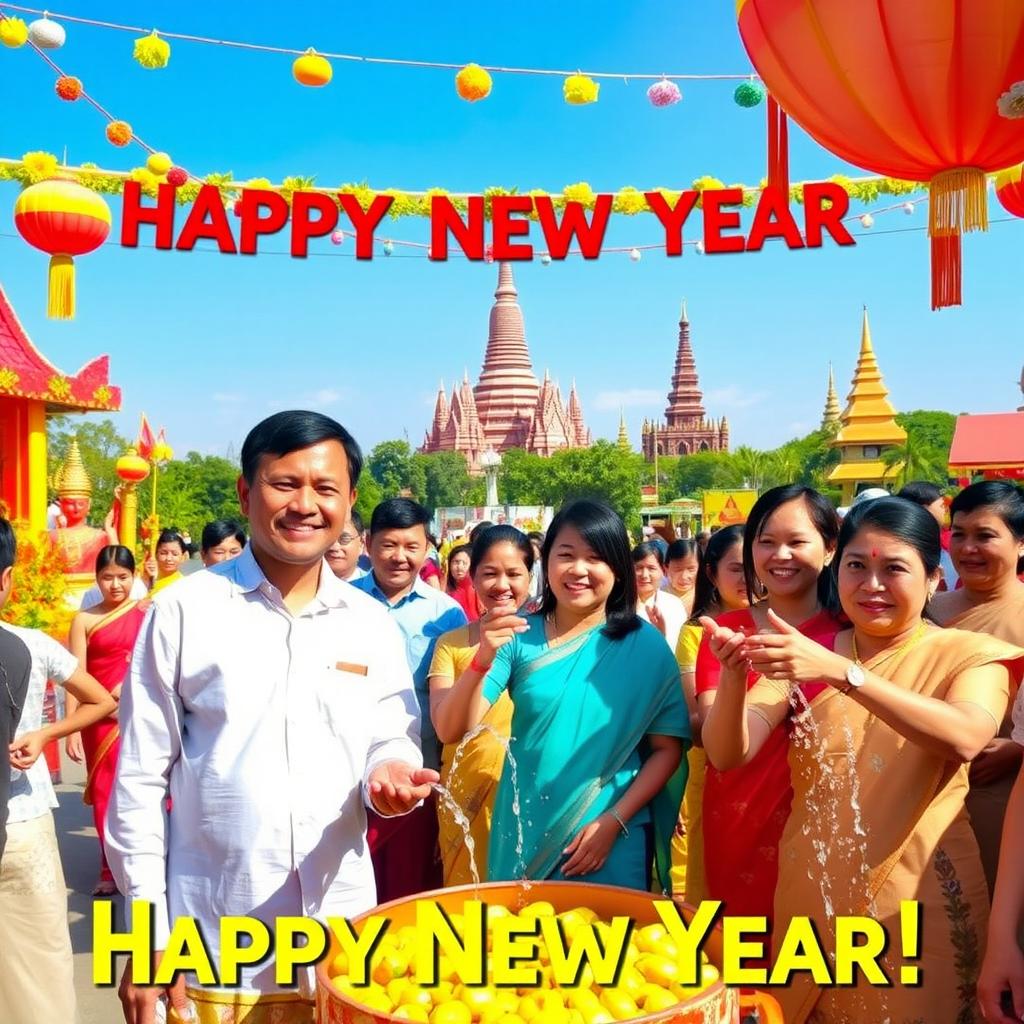 A vibrant celebration of Myanmar's Happy New Year, featuring traditional cultural elements such as colorful floats, people wearing traditional Myanmar attire, and joyful smiles