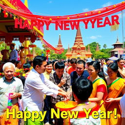 A vibrant celebration of Myanmar's Happy New Year, featuring traditional cultural elements such as colorful floats, people wearing traditional Myanmar attire, and joyful smiles