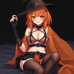 A sexy gothic anime witch girl with shoulder-length orange hair, stylishly adorned with a classic witch's hat