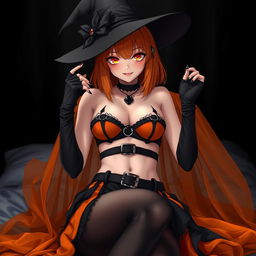 A sexy gothic anime witch girl with shoulder-length orange hair, stylishly adorned with a classic witch's hat
