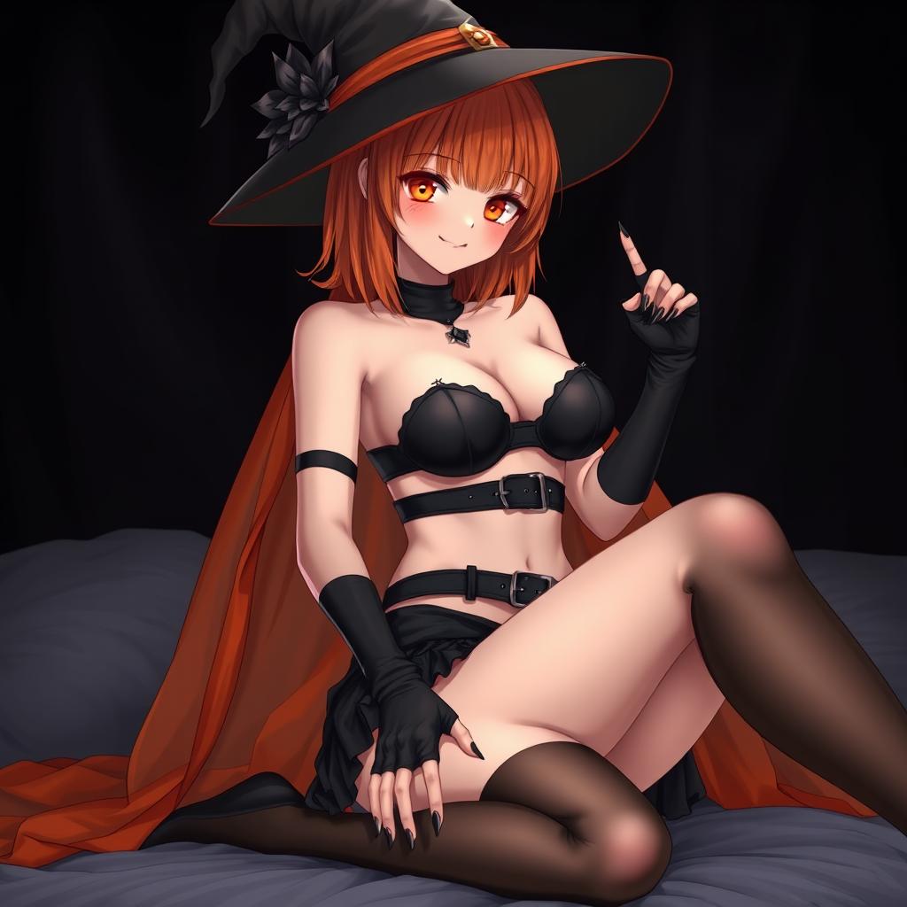 A sexy gothic anime witch girl with shoulder-length orange hair, stylishly adorned with a classic witch's hat