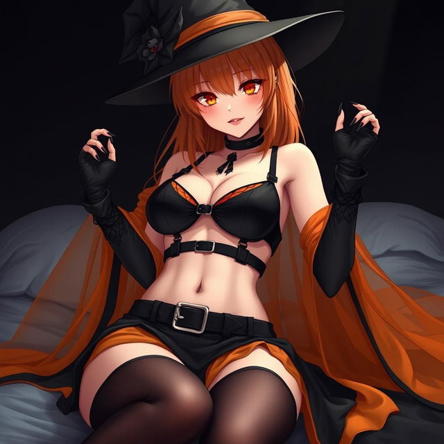 A sexy gothic anime witch girl with shoulder-length orange hair, stylishly adorned with a classic witch's hat