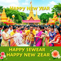 A lively depiction of Myanmar's Happy New Year celebration, showcasing traditional customs and vibrant cultural elements