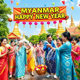 A lively depiction of Myanmar's Happy New Year celebration, showcasing traditional customs and vibrant cultural elements