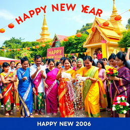 A lively depiction of Myanmar's Happy New Year celebration, showcasing traditional customs and vibrant cultural elements