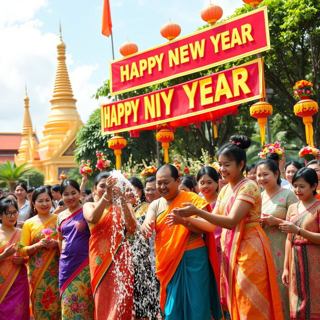 A lively depiction of Myanmar's Happy New Year celebration, showcasing traditional customs and vibrant cultural elements