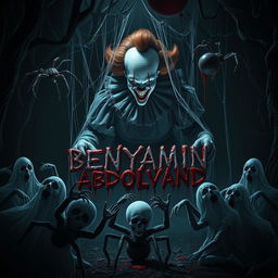 A scary clown resembling Pennywise, surrounded by ghostly spirits, is commanding an ominous ritual in a dark forest