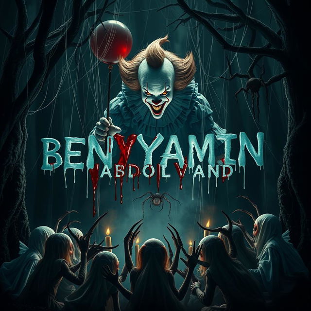 A scary clown resembling Pennywise, surrounded by ghostly spirits, is commanding an ominous ritual in a dark forest