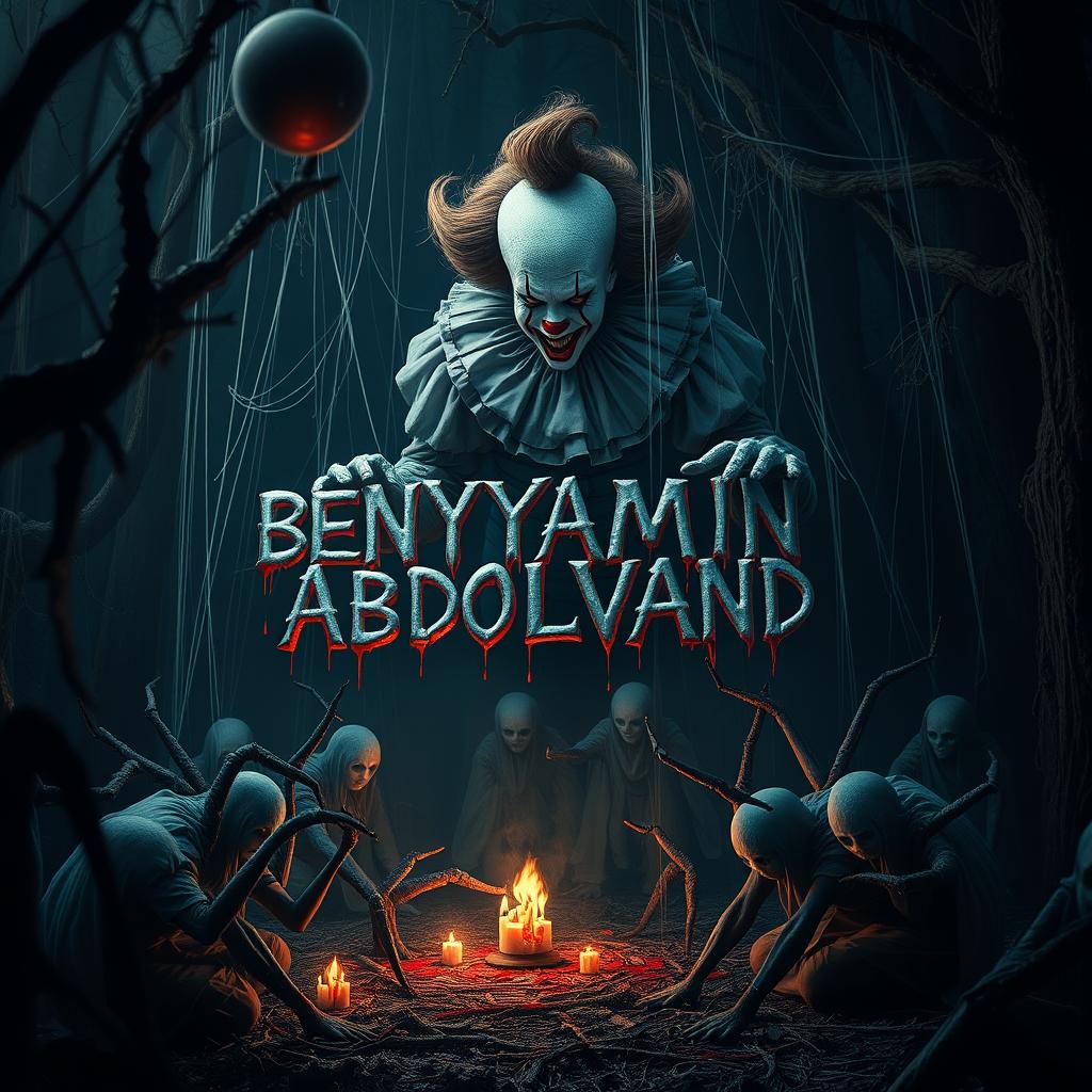 A scary clown resembling Pennywise, surrounded by ghostly spirits, is commanding an ominous ritual in a dark forest