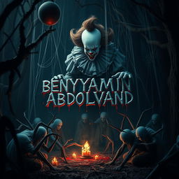 A scary clown resembling Pennywise, surrounded by ghostly spirits, is commanding an ominous ritual in a dark forest