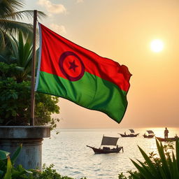 An ancient scene depicting a weathered Maldivian flag being raised on a historic structure, surrounded by lush tropical flora typical of the Maldives