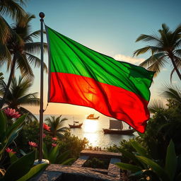 An ancient scene depicting a weathered Maldivian flag being raised on a historic structure, surrounded by lush tropical flora typical of the Maldives