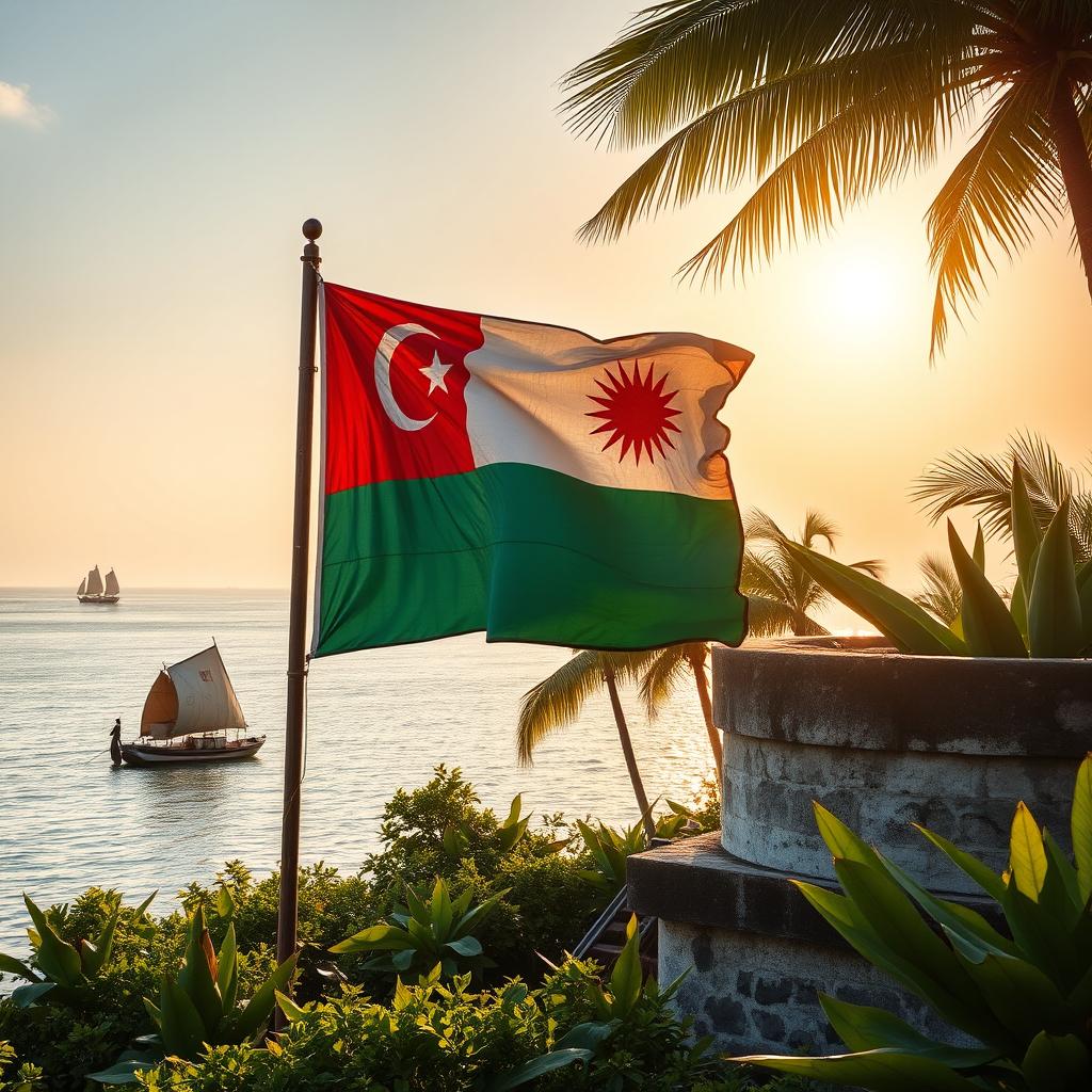 An ancient scene depicting a weathered Maldivian flag being raised on a historic structure, surrounded by lush tropical flora typical of the Maldives