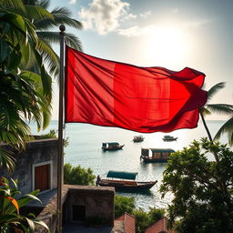 An ancient scene depicting a weathered Maldivian flag being raised on a historic structure, surrounded by lush tropical flora typical of the Maldives