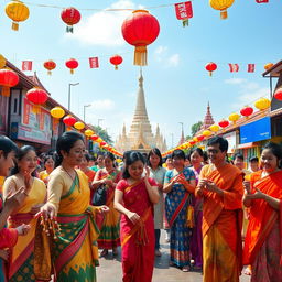 A festive and cheerful depiction of the New Year celebration in Myanmar, showcasing the rich cultural traditions and vibrant atmosphere