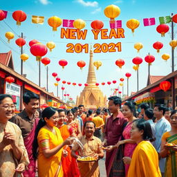 A festive and cheerful depiction of the New Year celebration in Myanmar, showcasing the rich cultural traditions and vibrant atmosphere