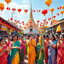 A festive and cheerful depiction of the New Year celebration in Myanmar, showcasing the rich cultural traditions and vibrant atmosphere