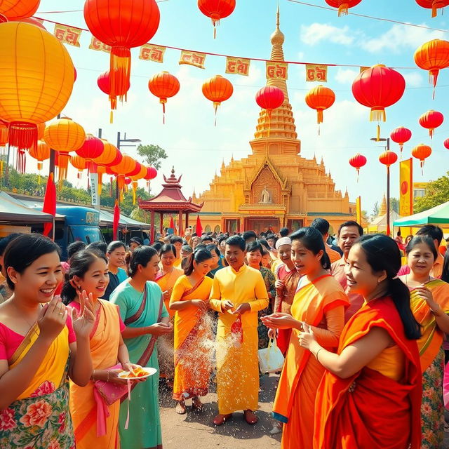 A festive and cheerful depiction of the New Year celebration in Myanmar, showcasing the rich cultural traditions and vibrant atmosphere