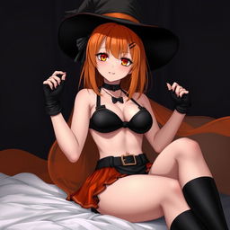 A sexy gothic anime witch girl with shoulder-length orange hair, elegantly wearing a classic witch's hat