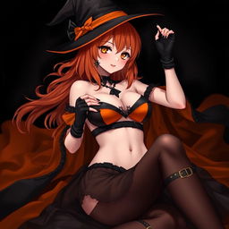 A sexy gothic anime witch girl with shoulder-length orange hair, elegantly wearing a classic witch's hat