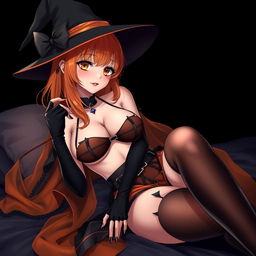 A sexy gothic anime witch girl with shoulder-length orange hair, elegantly wearing a classic witch's hat