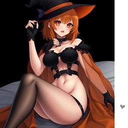 A sexy gothic anime witch girl with shoulder-length orange hair, elegantly wearing a classic witch's hat
