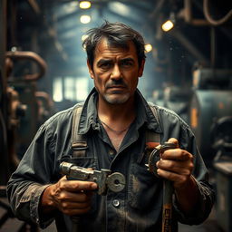 A hardworking individual in a gritty industrial setting, showcasing their intense focus and dedication