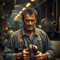 A hardworking individual in a gritty industrial setting, showcasing their intense focus and dedication