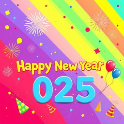 A vibrant and colorful Happy New Year 2025 themed design suitable for school stationery