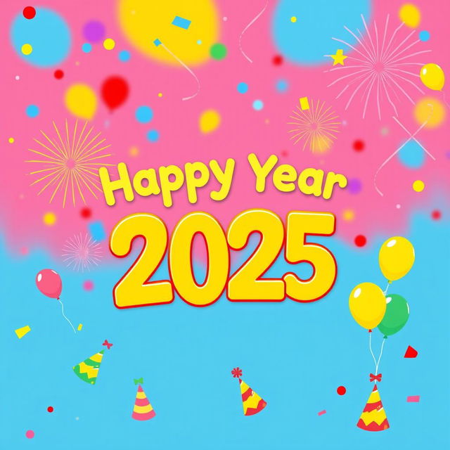 A vibrant and colorful Happy New Year 2025 themed design suitable for school stationery