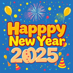 A vibrant and colorful Happy New Year 2025 themed design suitable for school stationery