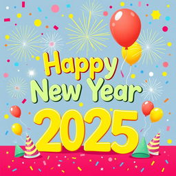 A vibrant and colorful Happy New Year 2025 themed design suitable for school stationery