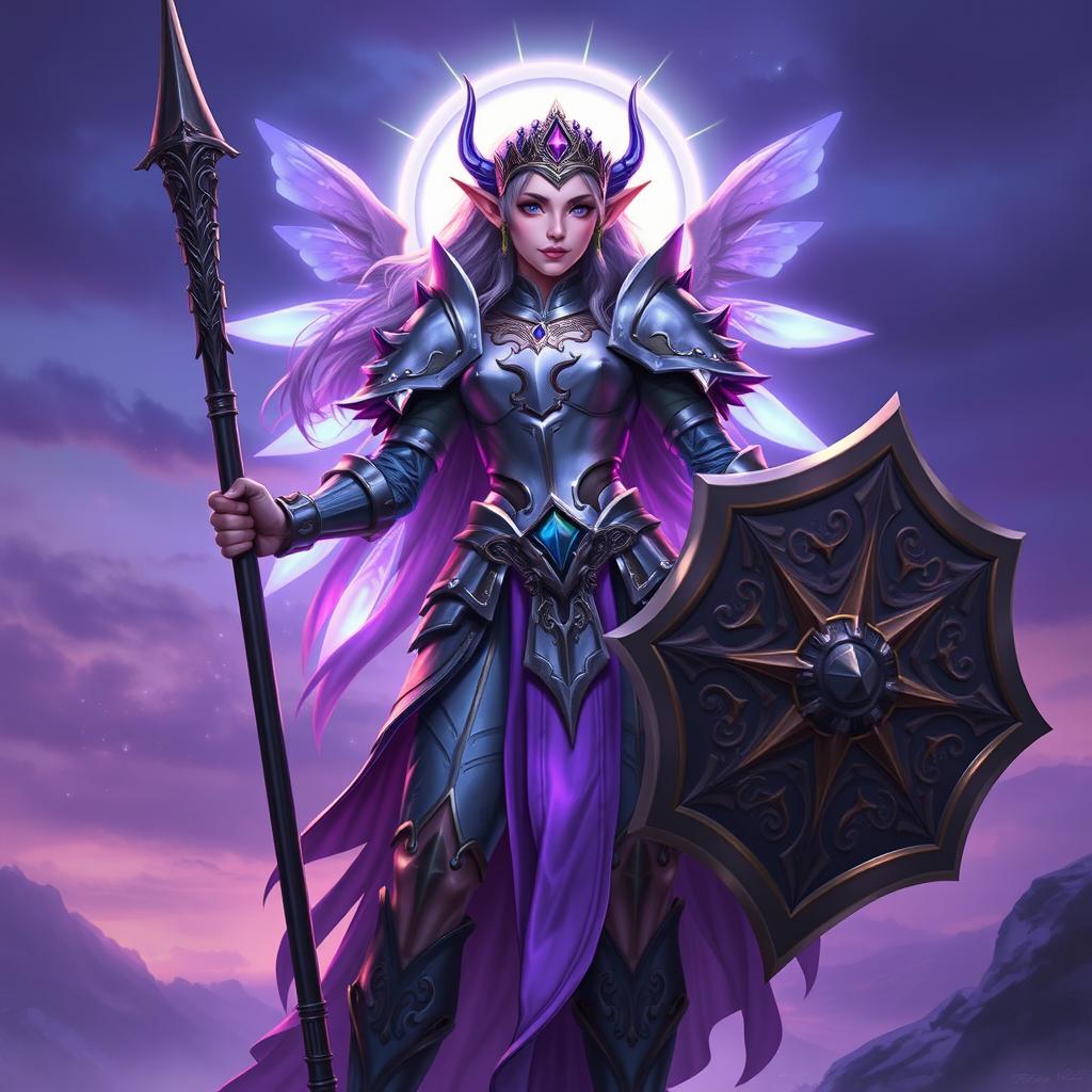A majestic female elven aasimar twilight cleric of Selune, age 23, standing heroically