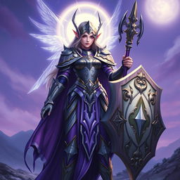 A majestic female elven aasimar twilight cleric of Selune, age 23, standing heroically