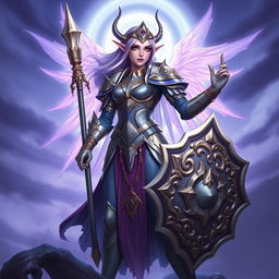 A majestic female elven aasimar twilight cleric of Selune, age 23, standing heroically