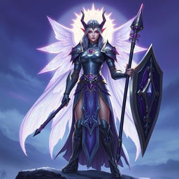 A majestic female elven aasimar twilight cleric of Selune, age 23, standing heroically