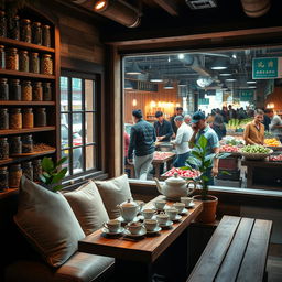 A serene tea shop located in a quiet corner of a bustling market, with various types of tea leaves displayed prominently