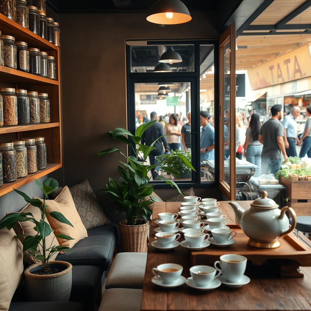 A serene tea shop located in a quiet corner of a bustling market, with various types of tea leaves displayed prominently