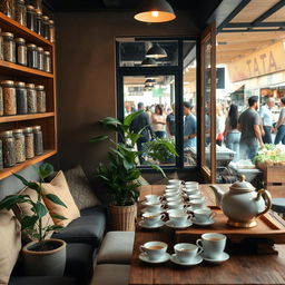 A serene tea shop located in a quiet corner of a bustling market, with various types of tea leaves displayed prominently