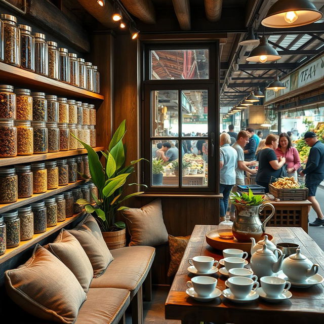 A serene tea shop located in a quiet corner of a bustling market, with various types of tea leaves displayed prominently