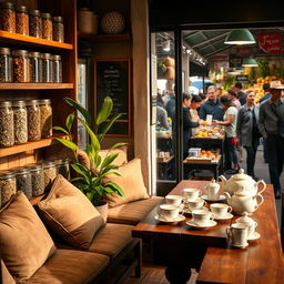 A serene tea shop located in a quiet corner of a bustling market, with various types of tea leaves displayed prominently