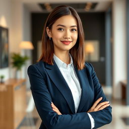 A formal portrait of a confident young woman in a tailored navy blue blazer and white blouse, standing against a softly blurred backdrop of an elegant office space with modern decor