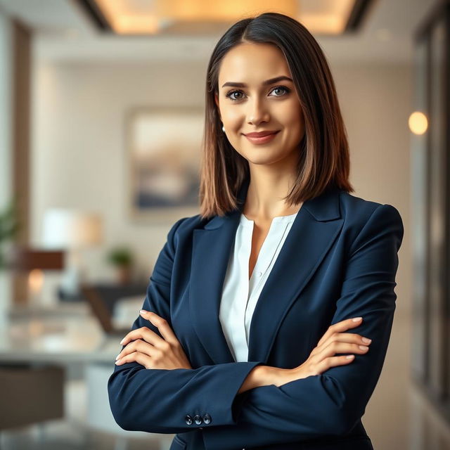 A formal portrait of a confident young woman in a tailored navy blue blazer and white blouse, standing against a softly blurred backdrop of an elegant office space with modern decor