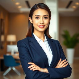 A formal portrait of a confident young woman in a tailored navy blue blazer and white blouse, standing against a softly blurred backdrop of an elegant office space with modern decor