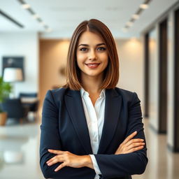 A formal portrait of a confident young woman in a tailored navy blue blazer and white blouse, standing against a softly blurred backdrop of an elegant office space with modern decor