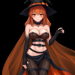 A sexy gothic anime witch girl with shoulder-length orange hair, elegantly styled with a classic witch's hat
