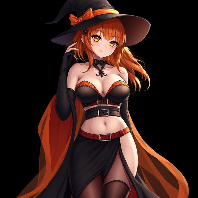 A sexy gothic anime witch girl with shoulder-length orange hair, elegantly styled with a classic witch's hat