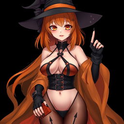 A sexy gothic anime witch girl with shoulder-length orange hair, elegantly styled with a classic witch's hat
