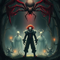 A terrifying and dark-themed scene features eerie figures resembling horror clowns, embodying the essence of characters like Pennywise and Michael Myers