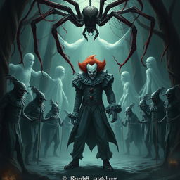 A terrifying and dark-themed scene features eerie figures resembling horror clowns, embodying the essence of characters like Pennywise and Michael Myers